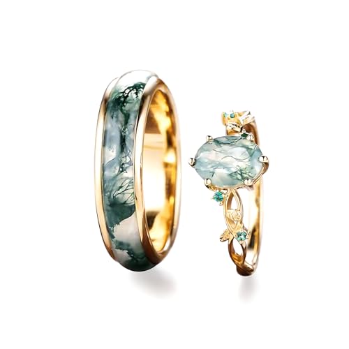 Natural Moss Agate Wedding Rings for Couple, S925 10K 14K 18K Gol...