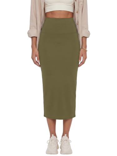 Image of Rooscier Women's High Waisted Pencil Midi Skirt | Stretchy Bodycon Knee Length Skirts with Back Slit
