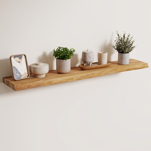 Image of 40 inch Floating Shelves for Wall Live Edge, Natural | 8'' D Rustic Solid Elm Wood, Wall Mounted, Invisible Bracket, Living Room Bedroom Kitchen