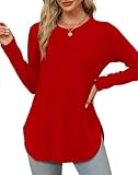 Long Sleeve Shirts for Women Round Neck Christmas Red Tunic Tops to Wear with Leggings Side Split L