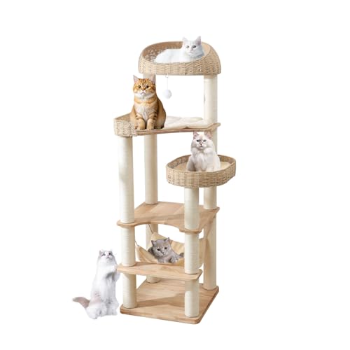 JLDUQKUM Wooden Cat Tree for Indoor Cats 62-Inch Tall Cat Tower with Scratching Post for Large Cats Solid Wood Cat Condo with Handwoven Basket Modern Cat Tree Tower with Hammock Easy to Clean