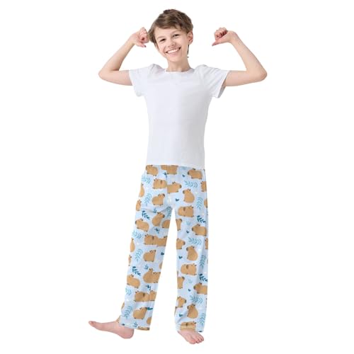 Cute Capybara Simple Flower Yellow Pattern Cute Pajama Pants, Soft Sleepwear Lounge Pants Pajama Pj Bottoms for 6-14 Years2