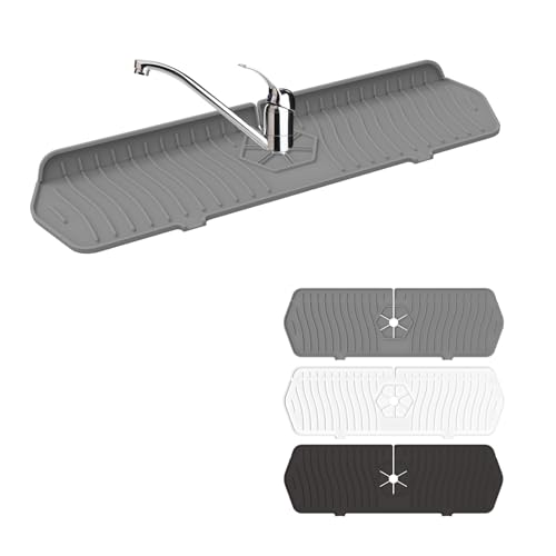 Image of Sink Drain Mat Behind Faucet,Faucet Guard Draining Mat, 90 Foldable Tap Draining Mat for Kitchen Sink with 2 Water Ports, Faucet Drain Mats for Kitchen, Bathroom, etc (Gray, 17.7 inch*5.78 inch)