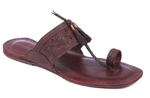 Image of KORAKARI Mens Handmade Kolhapuri Chappal Smooth and Comfortable, Stylish Durable Anti Slip Design Flip Flops Slippers Genuine Leather Traditional Indian Footwear.