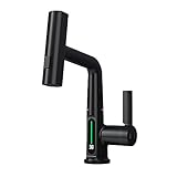 BARROCK Waterfall Bathroom Faucets with Pull Down Sprayer, Modern Pull Out Bathroom Sink Faucet with Digital Temperature Display, Height Adjustable Basin Mixer Tap No Battery Needed, Matte Black