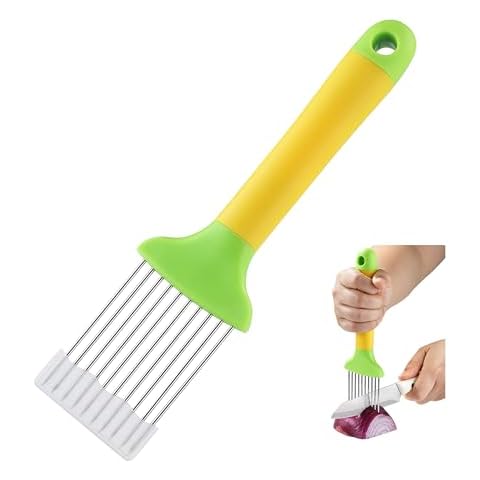 Onion Slicer, OHOLA Stainless Steel Onion Cutter, Onion Holder for Slicing and Storage Onions, Tomato, Eggs and Vegetables, Protective Cover Included, Dishwasher Safe (Yellow+Green) Cover