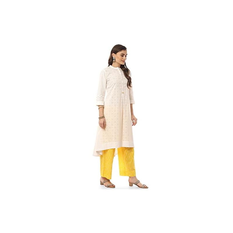 BIBA Women's White and Yellow Cotton A - Line Kurta Cropped Palazzo Suit Set - Image 4