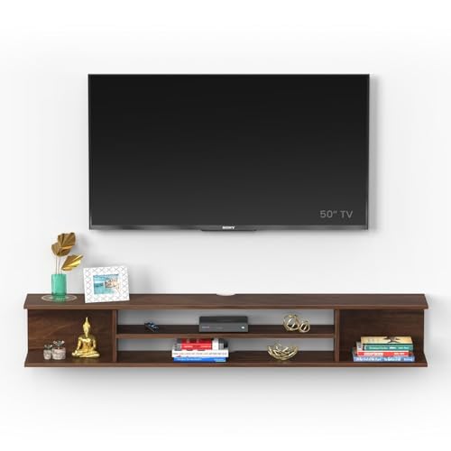 Image of Furniture Cafe Modern Wall Mounted TV Unit - Floating Entertainment Center with Shelves for Set Top Box, Books & Decor - Wooden Media Console for Living Room (Brown)