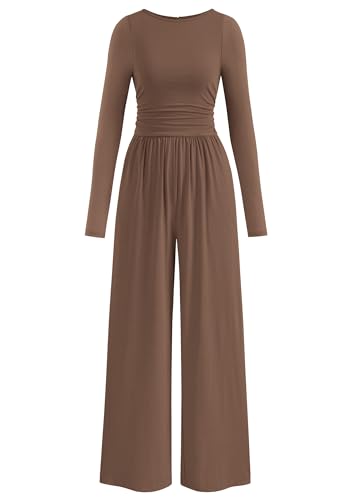 PRETTYGARDEN One Piece Jumpsuits for Women Dressy Casual Long Sleeve Crewneck Wide Leg Romper Overalls Fall Outfits 2025 (Khaki, XS)