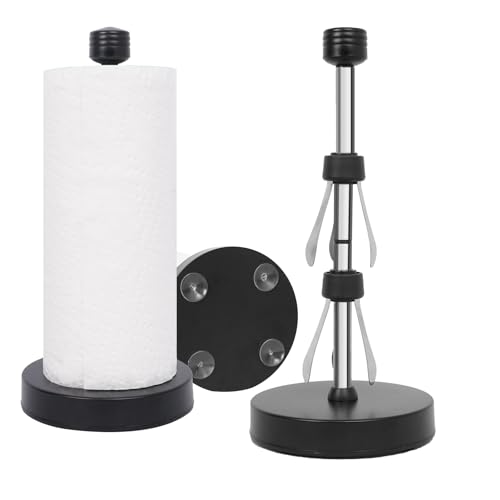 Stainless Steel Black Paper Towel Holder Designed for Easy One-Handed Operation - This Sturdy Weighted Paper Towel Dispenser Countertop Model Has Suction Cups and Holds All Paper Towel Rolls (Black)