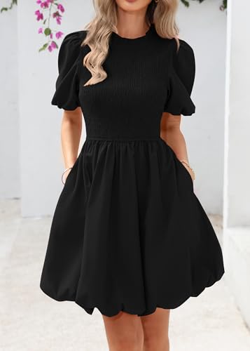 KIRUNDO Womens Summer Smocked Mini Dress 2025 Spring Puff Short Sleeve Boho Ruffle Crewneck Bubble A Line Short Dresses4