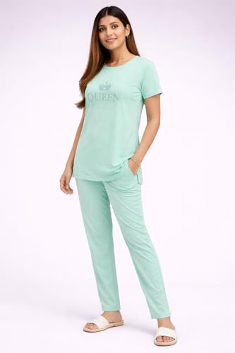 Image of KIAWAH Women's Cotton Night Suit, Long Top and Pajama Set, Round Neck, Short Sleeve,