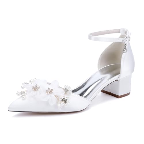 Women's Closed Toe Block Heels Ankle Strap Low-Chunk Heel Floral Satin Bridal Shoes Pumps