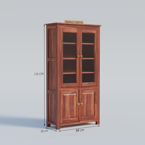 Image of Solid Sheesham Wood Crockery Cabinet with 2 Acrylic Glass Doors | Wooden Wardrobe Kitchen Cabinet with 6 Shelves Storage | Bookcase for Living Room, Bedroom & Office | Honey Finish