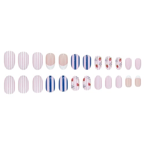Image of 24Pcs Striped Press on Nails Strawberry Fake Nails Medium Oval False Nail with Blue Pink Design Reusable Glossy Full Cover Summer Stick on Nail for Women Manicure