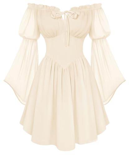 Scarlet Darkness Damen Renaissance Kleid 2026 Sommer Boho Schulterfrei Flowy Korsett Minikleider, Beige, Groß