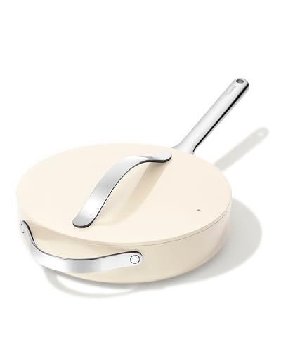 Image of Caraway Ceramic Nonstick Saute Pan with Lid - 10.5 inch (3 qt) - Non Toxic, PTFE & PFOA Free - Oven Safe to 550F - Compatible with Gas, Electric, Induction Stovetops, Cream