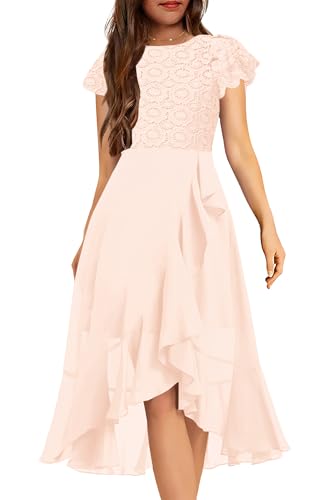 HOSIKA Girls Vintage Floral Lace Flutter Sleeve A-Line Swing Easter Birthday Party Dance Prom Dress for 10-11 Years Apricot