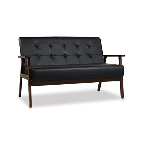 Jiasting Mid-Century Modern Solid Loveseat Sofa Upholstered Faux Leather Couch 2-Seat Wood Armchair Living Room/Outdoor Lounge Chair,50”W Black #TOP3