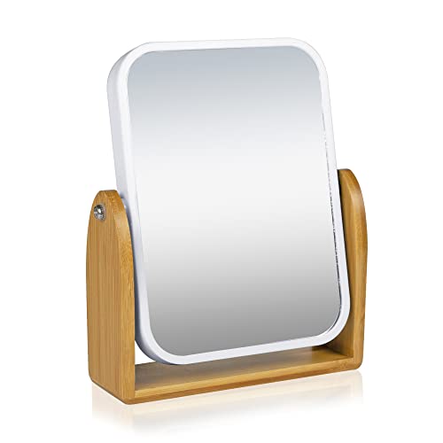 Deblanch | Espejo Aumento baño | Sobremesa | Marco Blanco y Madera | Dos Caras Aumento 5X y 1X | Espejo para Maquillaje, Afeitado o depilar cejar | Sin luz | 16 x 5 x 20cm