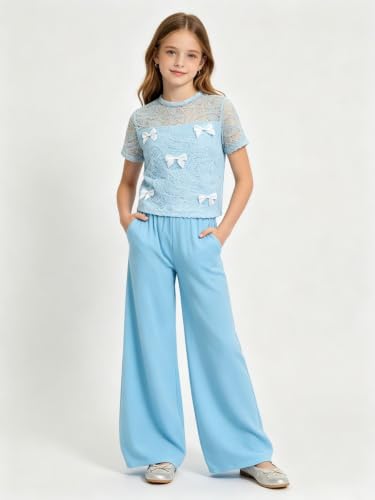 Image of Girls Clothes 2 Piece Short Sleeve Lace Bow Print Tops Flared Pants Set Little Girl Outfits Size 7-14