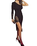 Women Elegant One Shoulder Bodycon Dress Lace Insert Long Sleeve Cocktail Dress Party Split Black Midi Dress-M