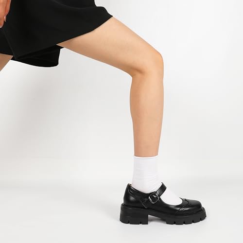 Eldof Women's Mary Jane Shoes Platform Lug Sole Low Heel Chunky Pumps Round Toe Ankle Strap Oxfords Dress Shoes for Uniform Graduation School Work 2 Inches2