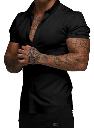 JMIERR Men's Muscle Fit Dress Shirts Wrinkle-Free Short Sleeve Casual Button Down Shirt Summer Beach Shirts,L,Black