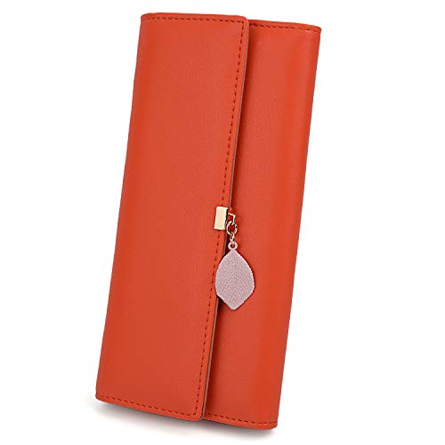 UTO Dames Portemonnee voor dames vrouwen Lange grote portemonnee kunstleer Blad hanger Oranje