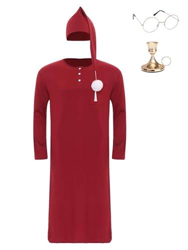 Moily Men's Christmas Nigtshirt Outfits Long Sleeve Nightshirt Pajama Set with Hats Glasses Candle Holder3