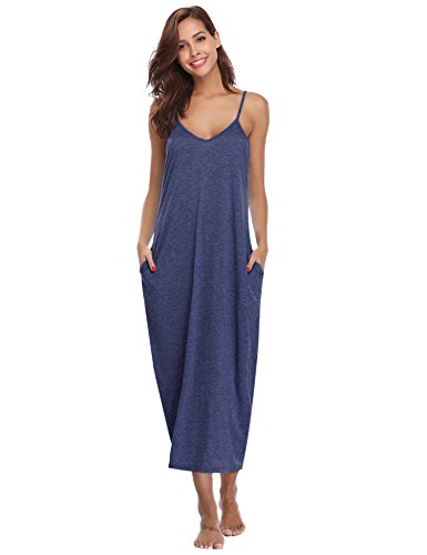Aibrou Women's Cotton V Neck Long Nightgown Sleeveless Full Slip Night Dress Dark Blue
