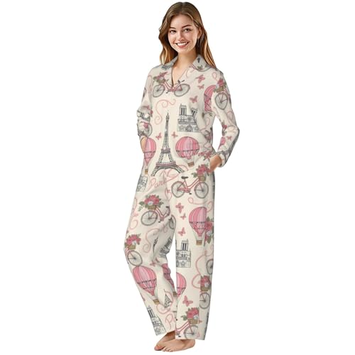 Image of Women'S Long Sleeve Pajama Set Soft Loungewear Button-Down Top & Elastic Waist Pants S- 2XL