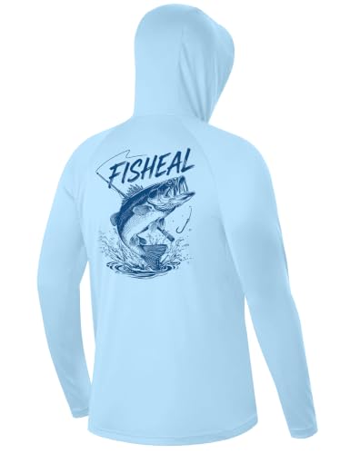 Image of FISHEAL Men's UPF 50+ Sun Protection Fishing Hoodie, Long Sleeve UV Shirts with Mask, Quick Dry Hooded for Outdoor Beach