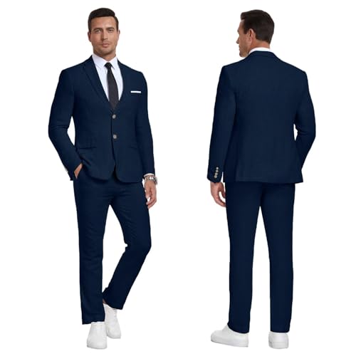 Men's 2 Piece Navy Linen Suits Slim Fit Casual Summer Beach Wedding Dress Tux Prom Suit Blazer Jacket and Pants Navy Blue XL4