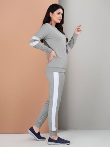 Image of ALISBA Women's Cotton Solid Tracksuit with Round Neck Full Sleeve Straight Length Relaxed Fit and Drawstring Closure Pant