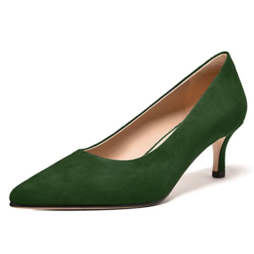 FEMSTEP Womens Slip On Suede Leather Pointed Toe Kitten Low Heel Pumps Shoes 2 Inch