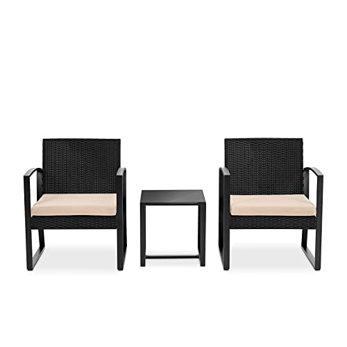 Patio Outdoor Rattan Furniture Set, 3 Pcs Per Set, Includes 2 Single Chairs with Soft Cushion and 1 Glass top Coffee Table, Black Weather Resistant Resin Wicker Rattan