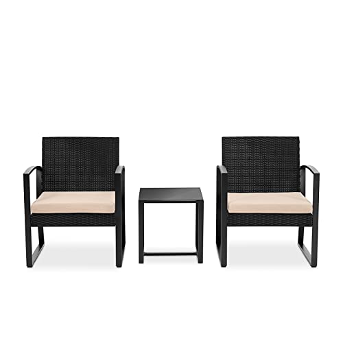 SereneLife Patio Outdoor Furniture, 3 Pcs. Per Set-Includes 2 Single Chairs with Soft Cushion and 1 Glass-top Coffee Table, Black Weather-Resistant Resin Wicker Rattan, 1, Brown