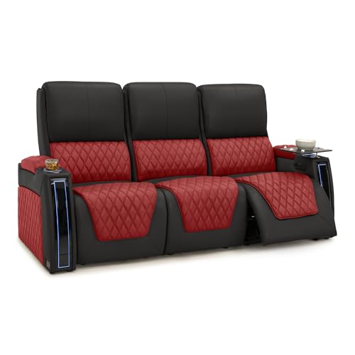 Image of Seatcraft Apex Red /Black Italian Leather Home Theater Seating, Zero Gravity Power Recliner Chair, Powered Headrest and Lumbar Gaming and Lounge Sofa Furniture for Cinema Room, Row of 3 Sofa