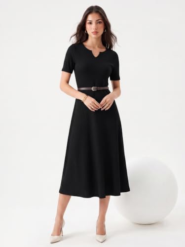 Image of Selvia Women Textured Lycra V-Neck A-Line Dress with Belt