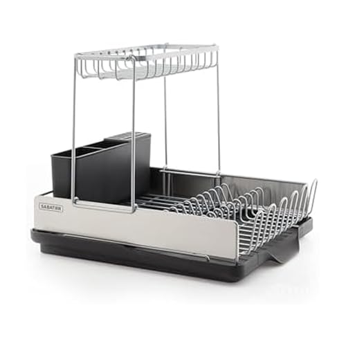 Sabatier Dish Drying Rack with Second Tier, Rust Resistant Wires and Angled Drain Board, Utensil Caddy Compact Dish Drying Rack