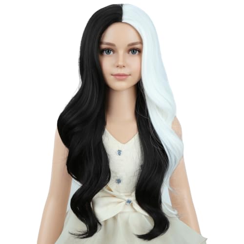 Image of PATTNIUM Black and White Wig for Girls Kids Long Curly Wigs Black Highlights White Middle Part Heat Resistant Synthetic Wigs with Wig Cap