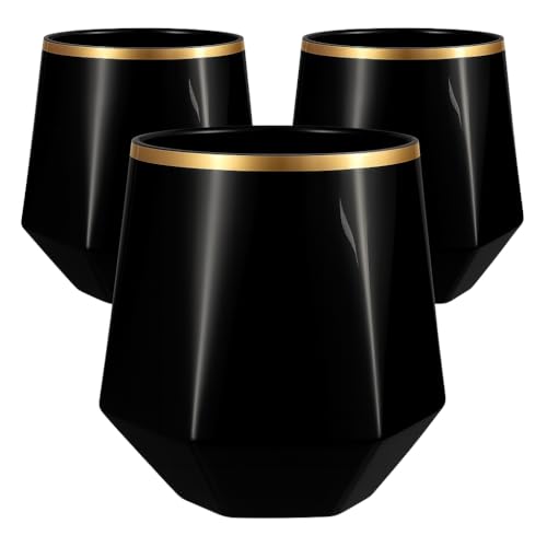 Oojami 40 Pack Diamond-Shaped Disposable Plastic Wine Glasses, 12 oz Stemless Cups for Champagne, Whiskey, Cocktails, Party Drinkware for Weddings, Bars, Events, Diamond Black Matte Gold