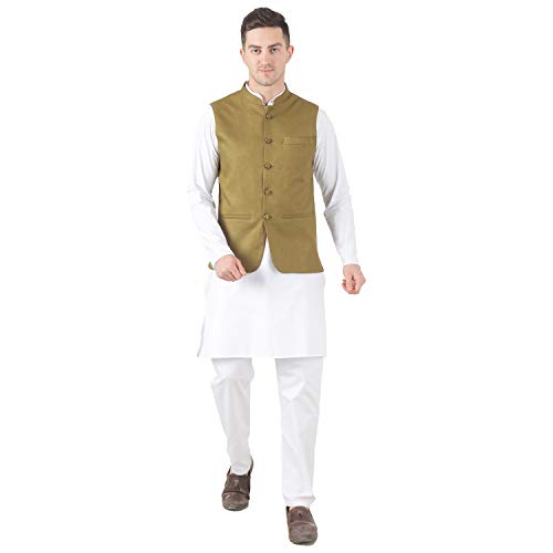 Image of TAHVO Men's Nehru Jacket /Waistcoat /Modi Jacket Cotton Fabric /Men 's 5 Button Nehru Jacket with Hanky Kurta Set