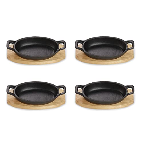 ECHTWERK Cast Iron Serving Dish with Serving Board, Grill Pan, Pre-seasoned, Suitable for Ovens, Grill, BBQ and Induction, Ideal for Serving, Small Edition, 4-Piece