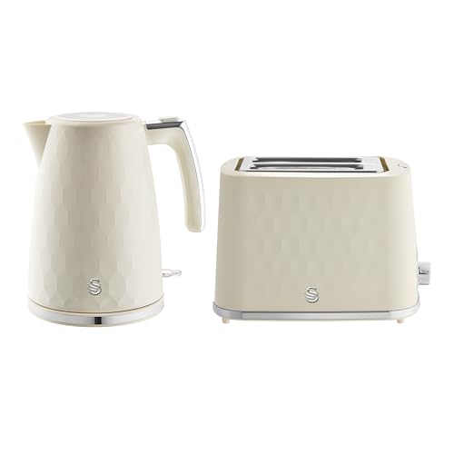 Swan Hexton Kitchen Set 1.7L Rapid Boil Kettle 3000W and 2 Slice Toaster with 7 Browning Levels 900W Cream with Chrome Accents SK19038CRM & ST19037CRM