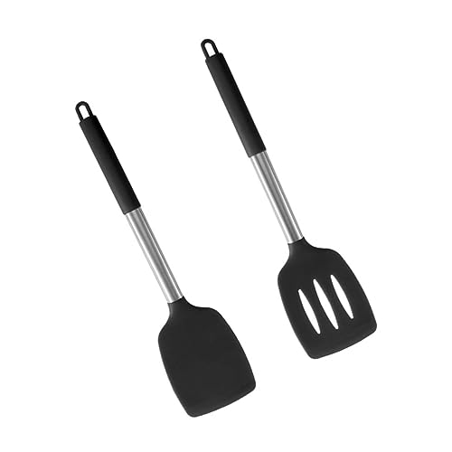 OUNONA 2 piezas Espátula de Silicona para Cocina Mango Inoxidable Utensilios para Freír y Cocinar sin para Wok y Sartenes