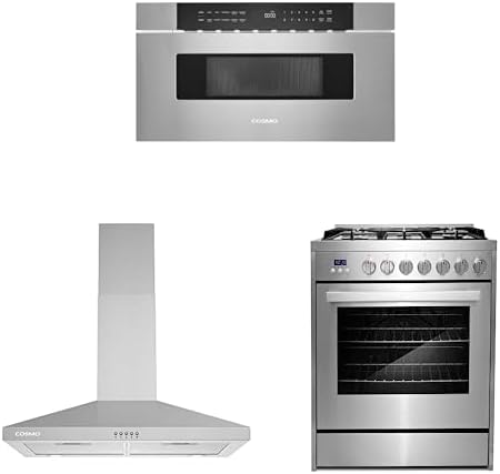 COSMO 3-Piece Kitchen Appliance Packages, 30" Microwave Drawer Stainless Steel No Handle, 30" Wall Mount Range Hood and 30" Gas Range with 5 Burner Cooktop