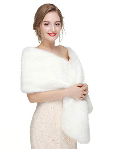 Teyglen Bridal Faux Fur Wrap Wedding Winter Fur Wrap Shawls with Brooch Long Fur Stole Collar Scarf for Women Evening Party2