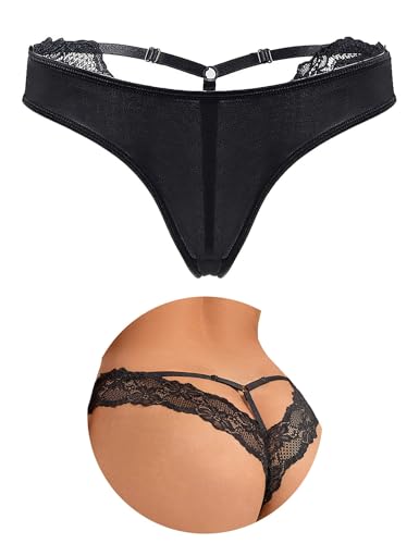 String Tanga Spitze Damen Sexy Brazilian Slip Große Größen Unterhosen übergröße String mit Spitze Unterwäsche für Mollige Frauen Low Rise Hipster Höschen Atmungsaktive Thong T-Back Panties Schwarz,M